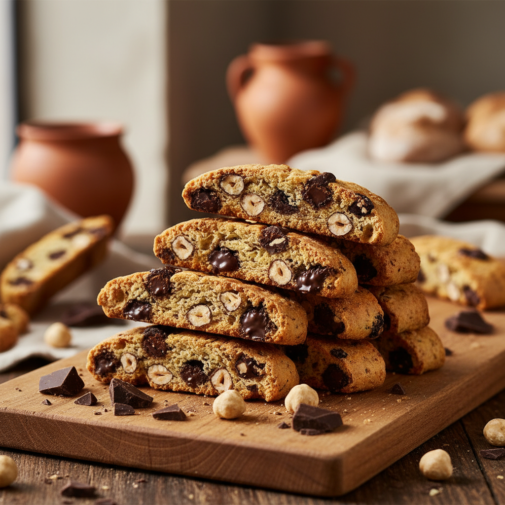 Chocolate Hazelnut Biscotti with dark chocolate chunks and whole hazelnuts on a wooden board