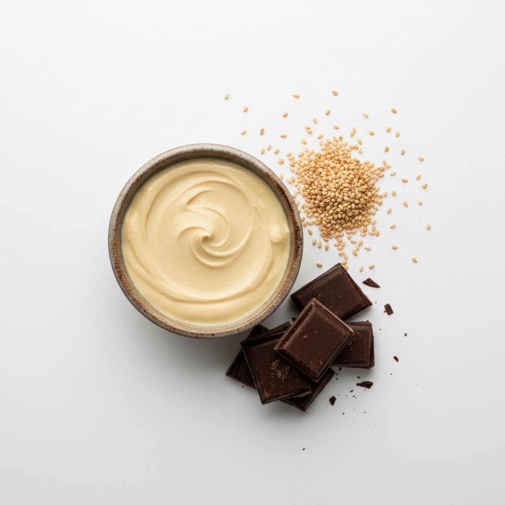 Tahini, sesame and dark chocolate ingredients