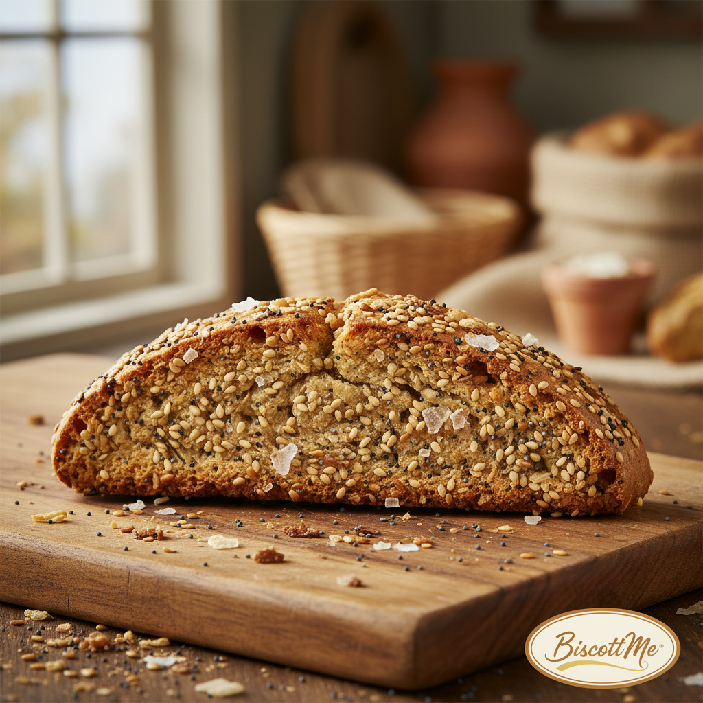 Everything Bagel Biscotti with sesame seeds, poppy seeds and sea salt on a wooden board