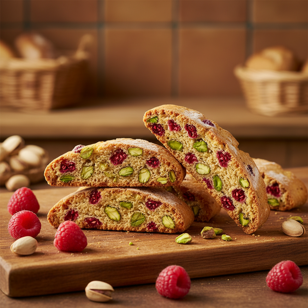 Raspberry and Pistachio Biscotti on a warm wooden board